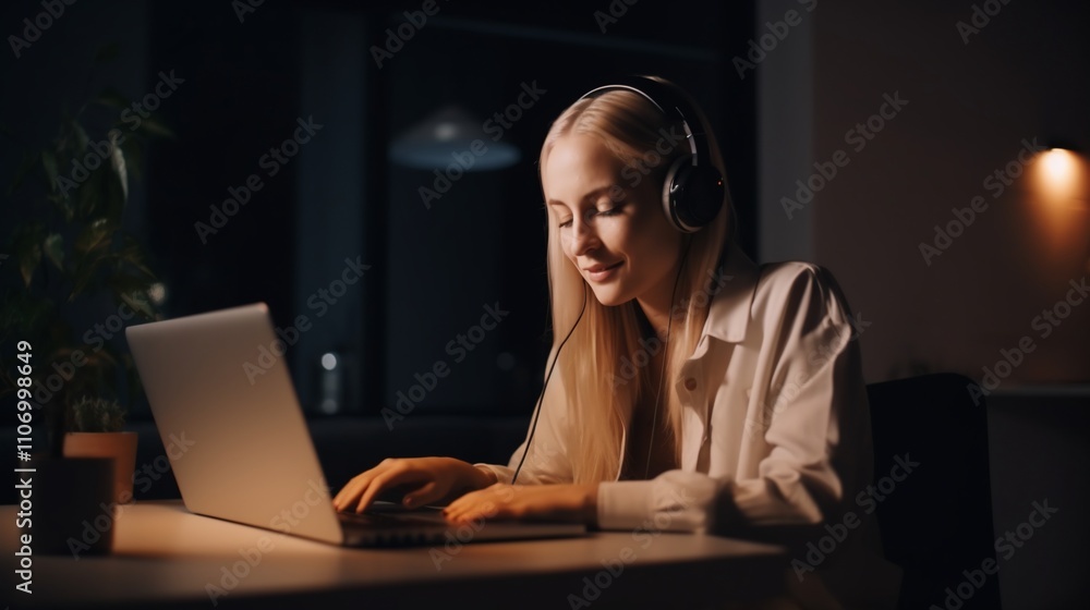 A young woman wearing headphones works on a laptop in a dimly lit room. A young woman wearing headphones works on a laptop in a dimly lit room.