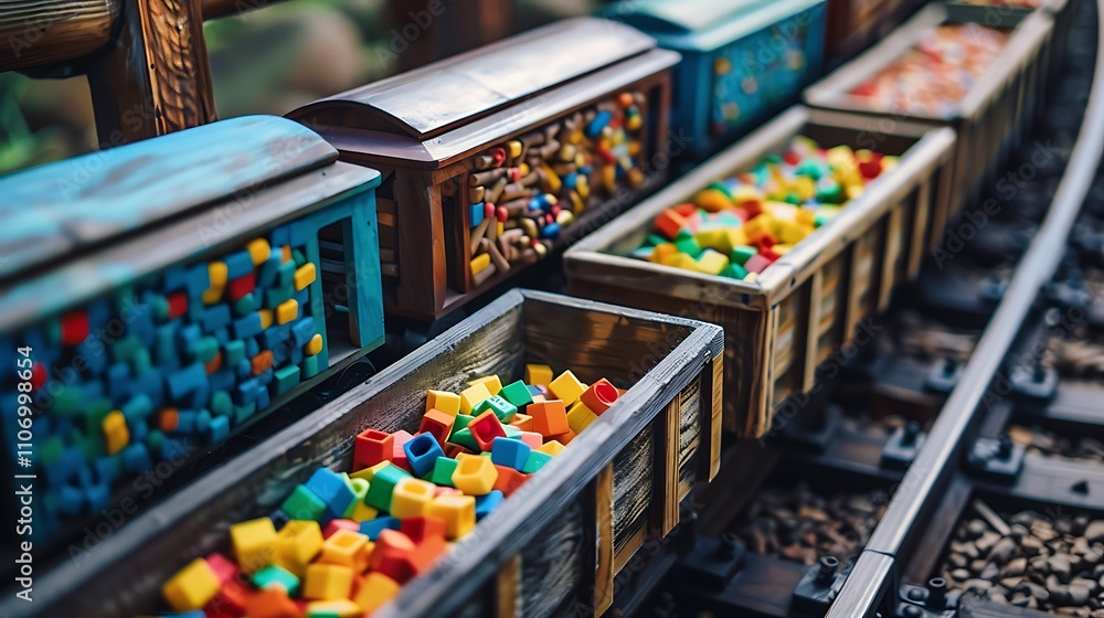Naklejka premium Wooden train cars filled with tiny colorful blocks