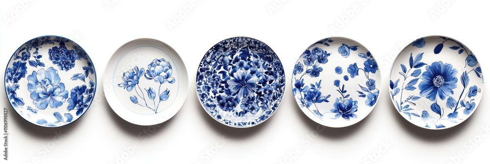 Five Blue and White Floral Patterned Ceramic Plates Five Blue and White Floral Patterned Ceramic Plates