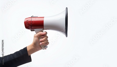 Hand holding a megaphone on isolated white background