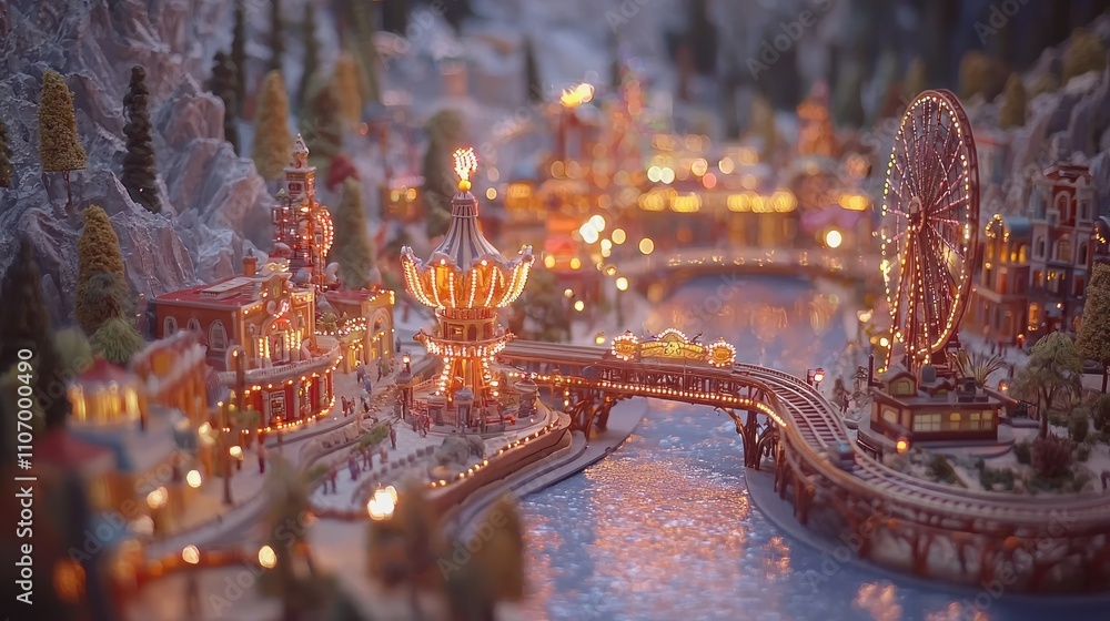 Obraz premium Illuminated Miniature Model of a City with a Ferris Wheel and a River