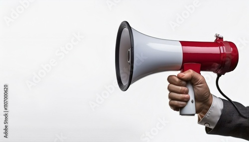 Hand holding a megaphone on isolated white background