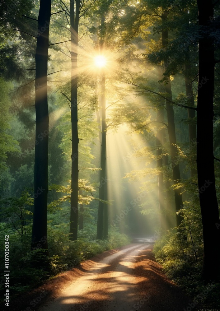 Fototapeta premium Light Stream Through Trees with Distant Woodland in Fantasy World Photo-Realism
