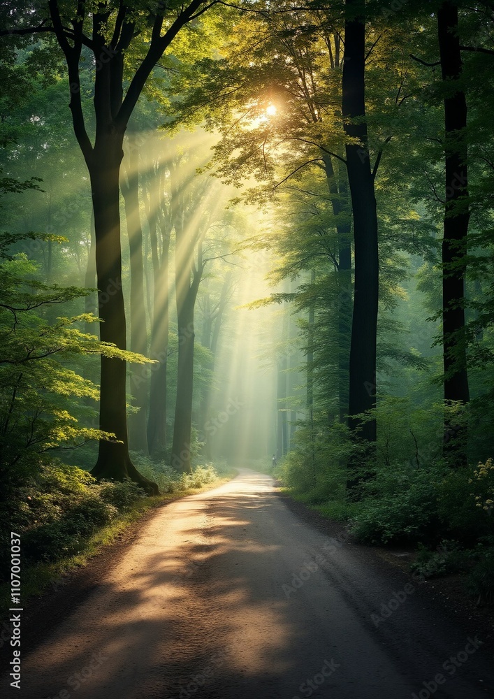 Obraz premium Light Stream Through Trees with Distant Woodland in Fantasy World Photo-Realism