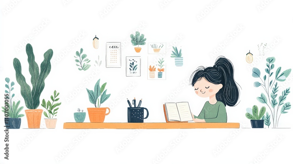 Woman Reading Book Surrounded by Indoor Plants and Art Decor Woman Reading Book Surrounded by Indoor Plants and Art Decor