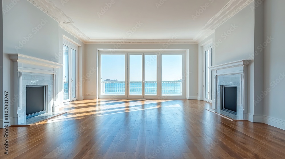 Modern Living Room with Ocean View and Two Fireplaces Modern Living Room with Ocean View and Two Fireplaces