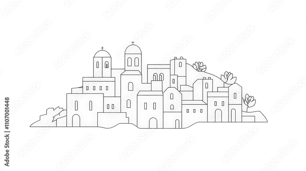 Serene White Village with Domed Roofs Amidst Lush Greenery Serene White Village with Domed Roofs Amidst Lush Greenery