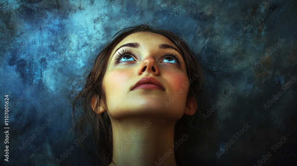 Woman looking up with hope, eyes bright and expression soft Woman looking up with hope, eyes bright and expression soft