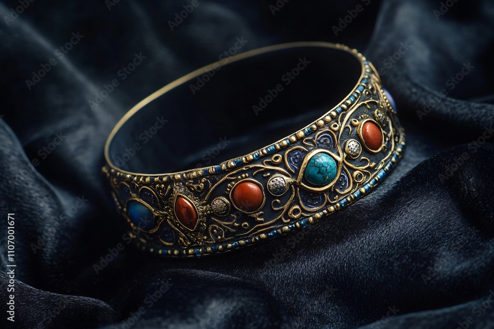 Fototapeta premium Close up of an antique gold bracelet adorned with turquoise, carnelian, and other gemstones, resting on a luxurious black velvet background