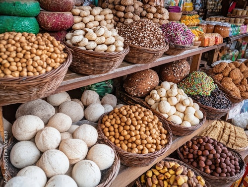 Variety of nuts and other snacks are displayed on a wooden shelf. The scene is lively and colorful, with different types of nuts and snacks arranged in baskets