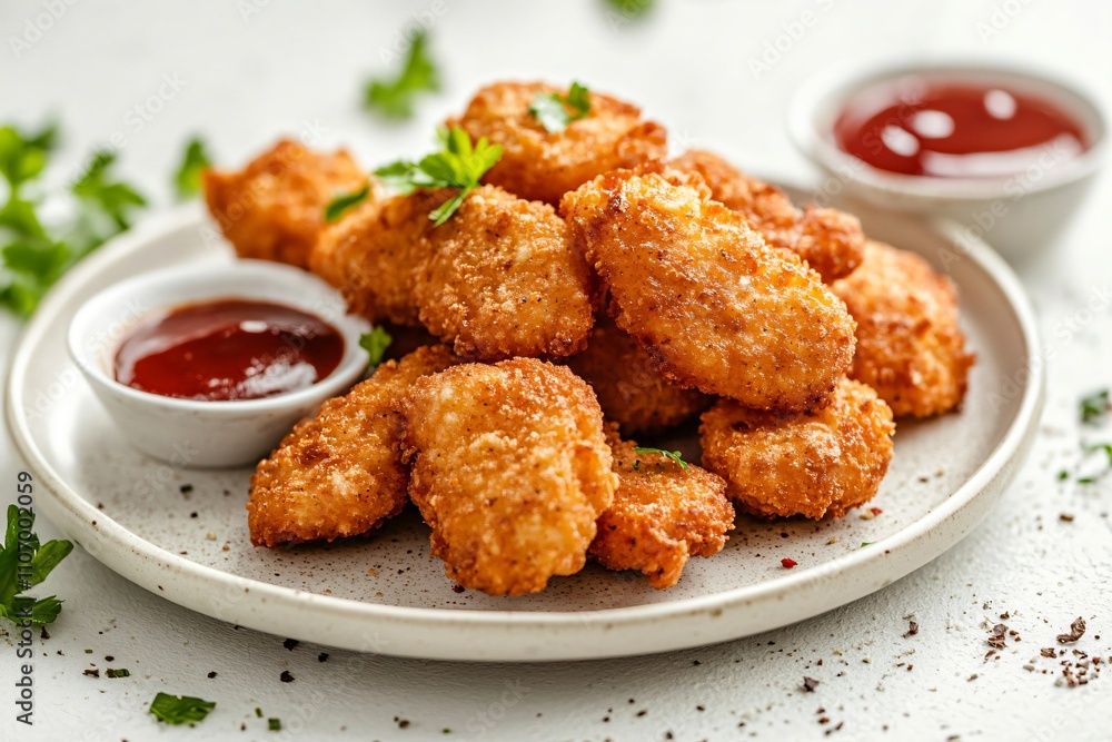 Crispy chicken nuggets are served with barbecue sauce, making a tempting appetizer or snack Crispy chicken nuggets are served with barbecue sauce, making a tempting appetizer or snack