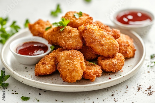 Crispy chicken nuggets are served with barbecue sauce, making a tempting appetizer or snack