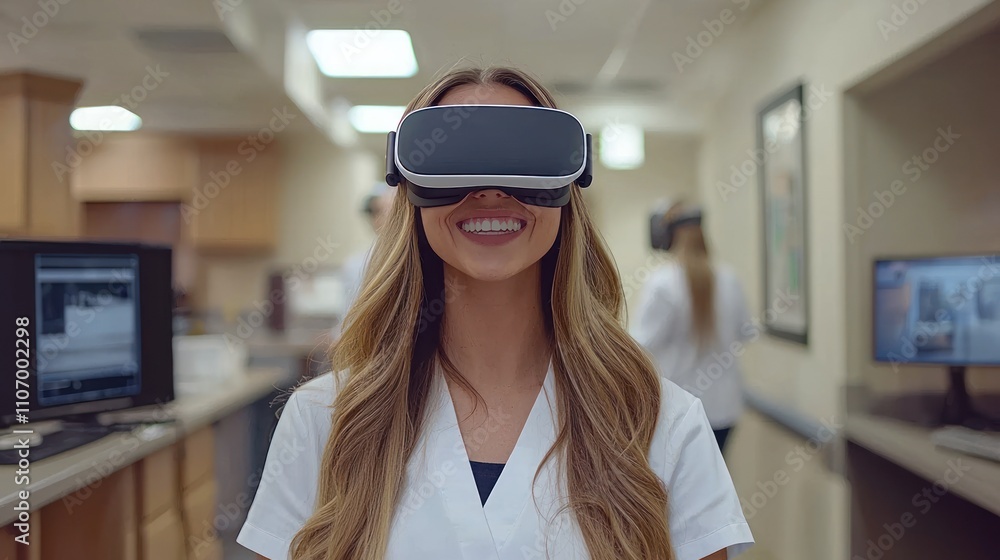 Woman in White Lab Coat Wearing Virtual Reality Headset Woman in White Lab Coat Wearing Virtual Reality Headset