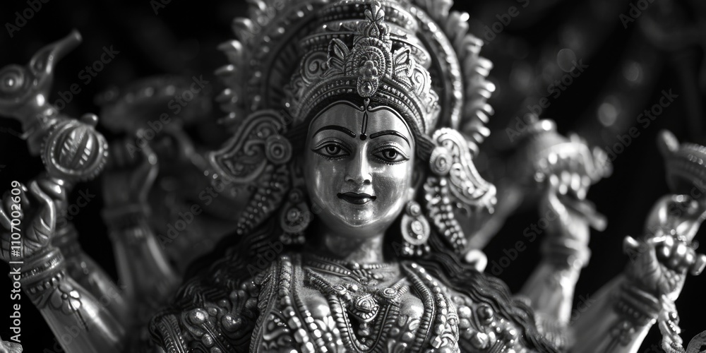 Statue of a goddess with a gold headdress and a silver body. The statue is black and white Statue of a goddess with a gold headdress and a silver body. The statue is black and white