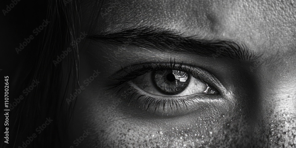 Naklejka premium Woman's eye is shown in a black and white photo. The eye is surrounded by a blurry background, which emphasizes the focus on the eye itself. The photo has a moody and dramatic feel