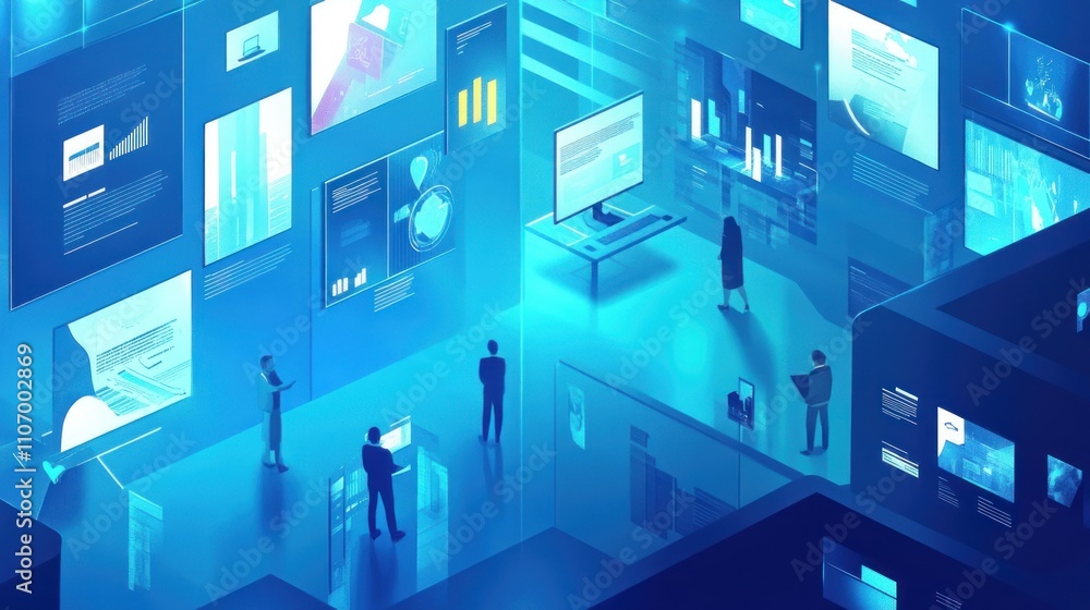 Futuristic data visualization room with people analyzing information on screens and dashboards. Futuristic data visualization room with people analyzing information on screens and dashboards.