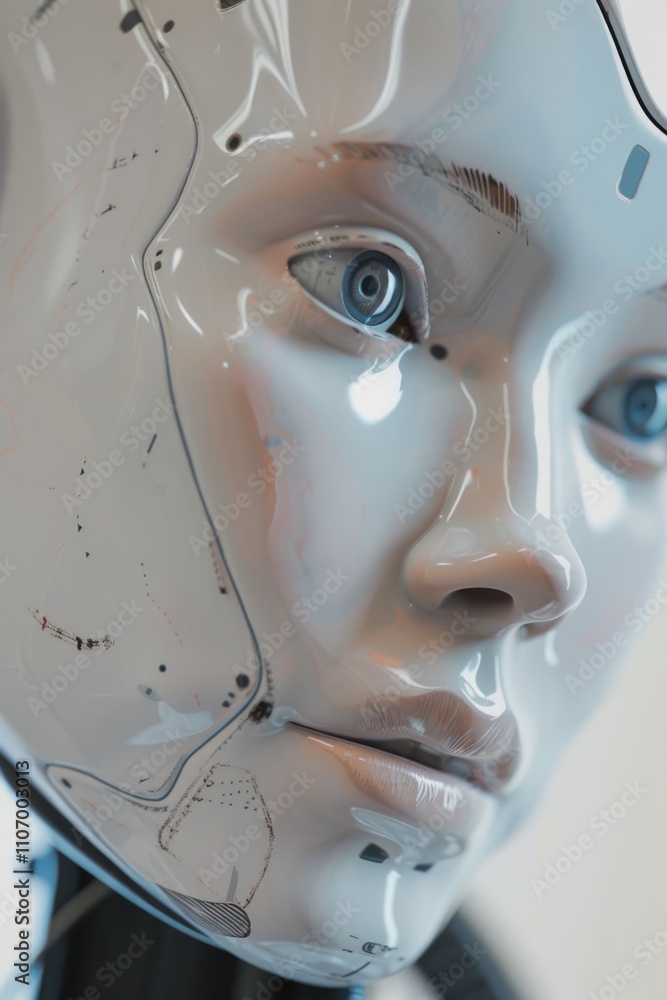 Woman's face is shown in a white plastic mask. The mask is very detailed and has a metallic look to it. The woman's eyes are blue and her nose is small. Scene is futuristic and somewhat eerie Woman's face is shown in a white plastic mask. The mask is very detailed and has a metallic look to it. The woman's eyes are blue and her nose is small. Scene is futuristic and somewhat eerie