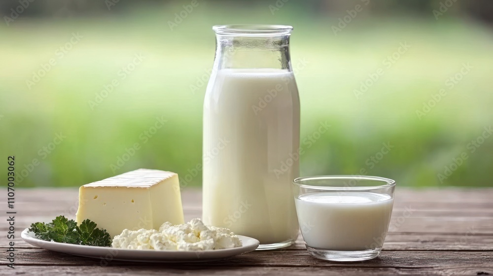 A Glass and Bottle of Milk with Cheese and Cream on a Plate A Glass and Bottle of Milk with Cheese and Cream on a Plate