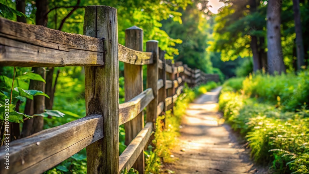 Macro Photography of a Rustic Wooden Fence Defining Private Property, Isolated from a Nearby Walking Path, Showcasing Natural Textures and Scenic Surroundings Macro Photography of a Rustic Wooden Fence Defining Private Property, Isolated from a Nearby Walking Path, Showcasing Natural Textures and Scenic Surroundings