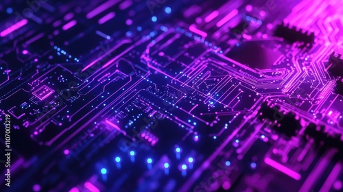 Computer chip with purple and blue lights is displayed in the image. The chip is a representation of a computer chip, and the lights are meant to give it a futuristic and technological feel