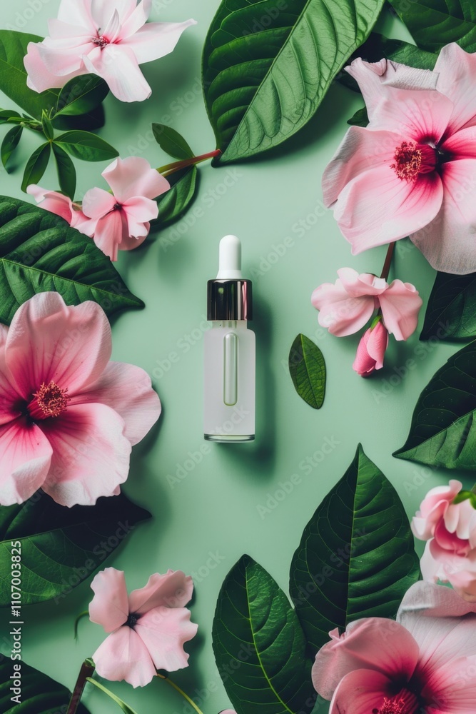 Bottle of perfume is placed on a green background with pink flowers. The bottle is surrounded by leaves and flowers, creating a natural and serene atmosphere. Concept of relaxation and tranquility Bottle of perfume is placed on a green background with pink flowers. The bottle is surrounded by leaves and flowers, creating a natural and serene atmosphere. Concept of relaxation and tranquility