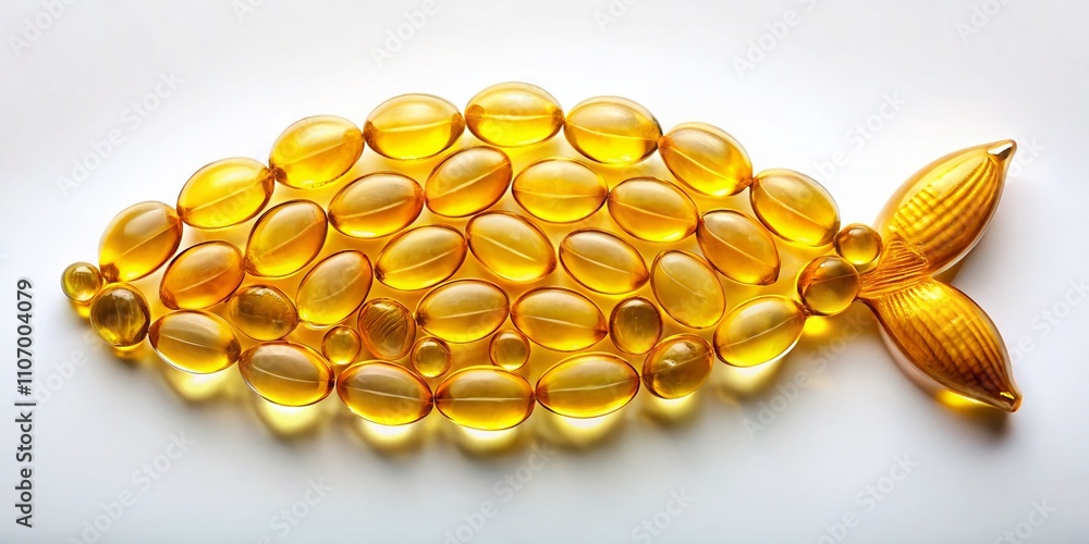 Macro Photography of Fish Oil Softgels Arranged in a Fish Shape on a White Background, Emphasizing Meal Replacement Nutrition and Omega-3 Polyunsaturated Fatty Acids Closeup