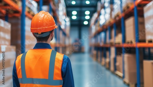 A warehouse worker in safety gear stands facing shelves stocked with boxes, highlighting the importance of safety and organization in logistics.