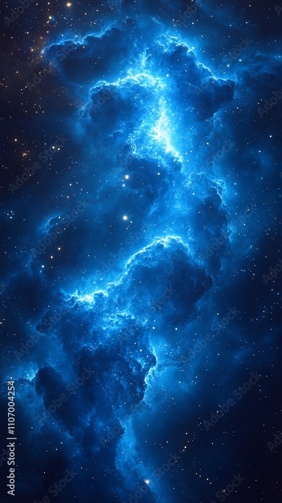 A mesmerizing cosmic scene featuring swirling blue nebulae and twinkling stars in deep space. A mesmerizing cosmic scene featuring swirling blue nebulae and twinkling stars in deep space.