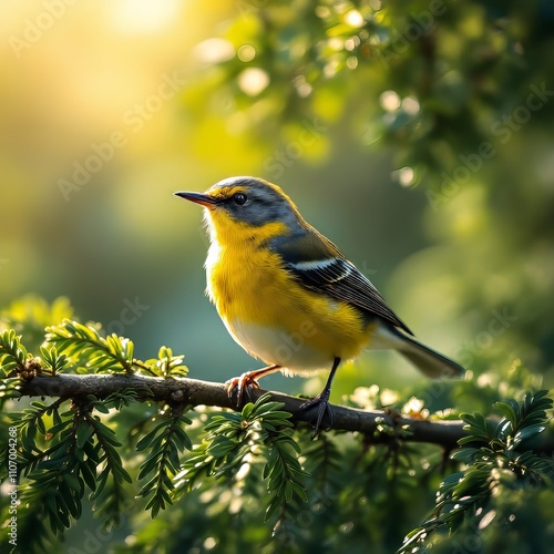 A yellow-rumped warbler perched amidst the Ashbridges Bay Park evergreens. photo