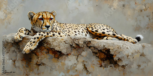 A realistic depiction of a resting cheetah on a rocky surface, showcasing its elegant form. photo