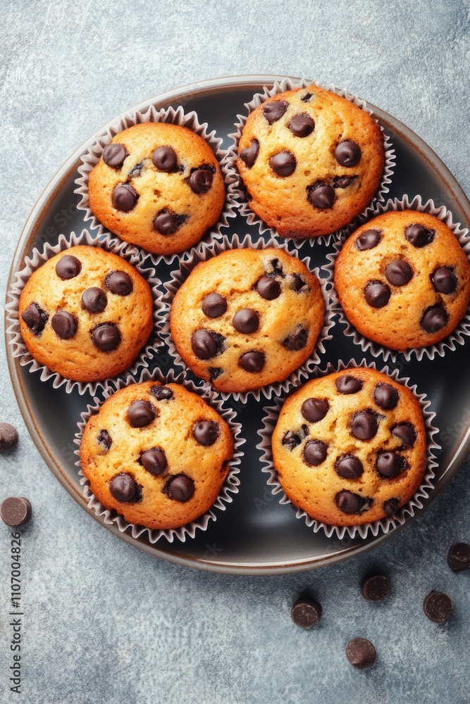 Plate of chocolate chip muffins with chocolate chips on top. The muffins are arranged in a circle on a plate Plate of chocolate chip muffins with chocolate chips on top. The muffins are arranged in a circle on a plate