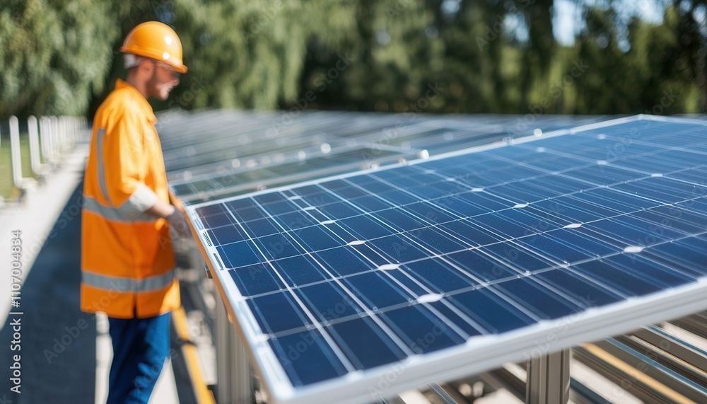 A worker in an orange safety vest and hard hat inspects solar panels at a renewable energy site. A worker in an orange safety vest and hard hat inspects solar panels at a renewable energy site.