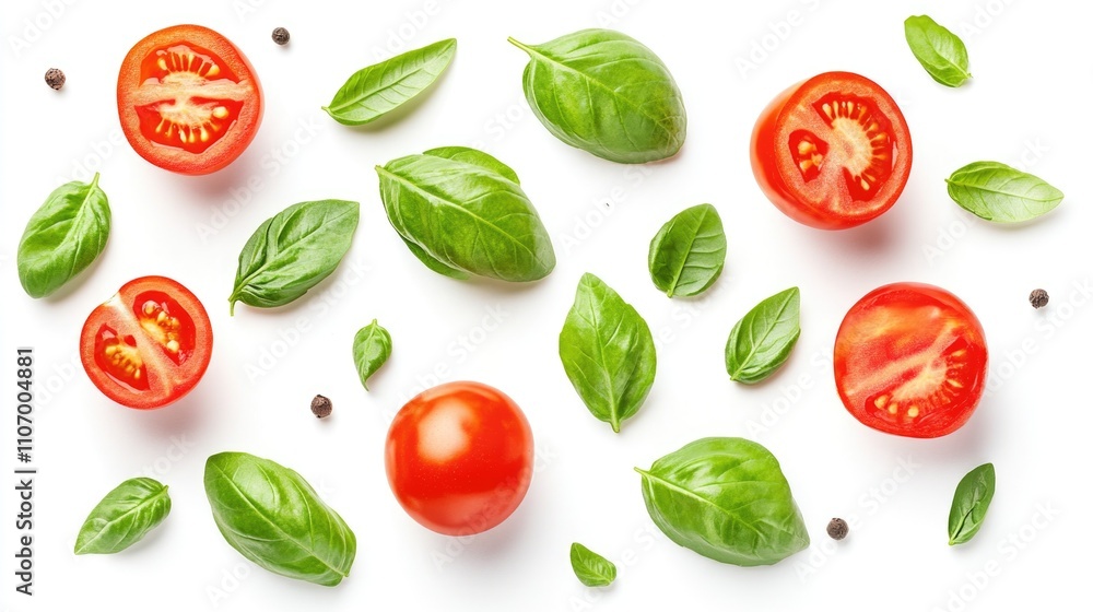 Close up of a variety of vegetables including tomatoes and basil. Concept of freshness and abundance, as the vegetables are spread out in a way that highlights their natural beauty and variety Close up of a variety of vegetables including tomatoes and basil. Concept of freshness and abundance, as the vegetables are spread out in a way that highlights their natural beauty and variety