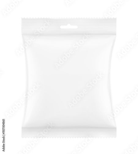 Blank realistic pillow bag with hang slot mockup. Front view. Vector illustration isolated on white background. Perfect to create your final pack shot. EPS10.	