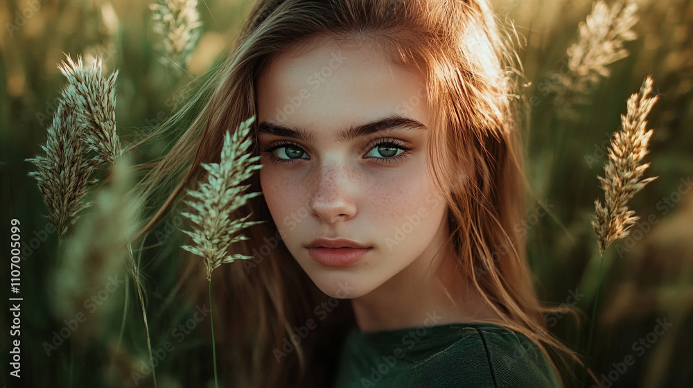 Young woman with striking green eyes in a field during golden hour Young woman with striking green eyes in a field during golden hour