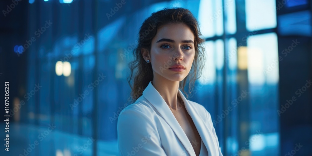 Obraz premium Woman in a white jacket stands in front of a window. She has a serious expression on her face