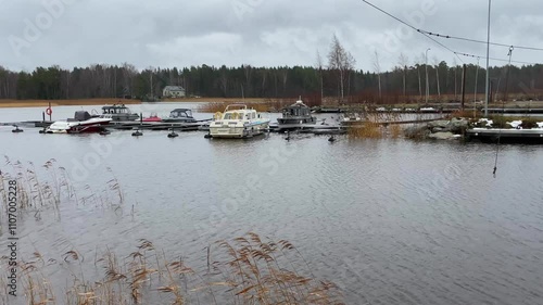 A beautifully serene marina landscape showcasing boats gently bobbing on calm waters