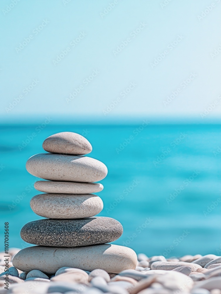 Stack of rocks on a beach with the ocean in the background. The rocks are white and grey, and they are arranged in a pyramid shape. Concept of calm and tranquility Stack of rocks on a beach with the ocean in the background. The rocks are white and grey, and they are arranged in a pyramid shape. Concept of calm and tranquility