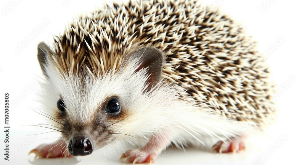 Obraz premium White and brown hedgehog with a black nose and brown eyes. It is standing on a white surface