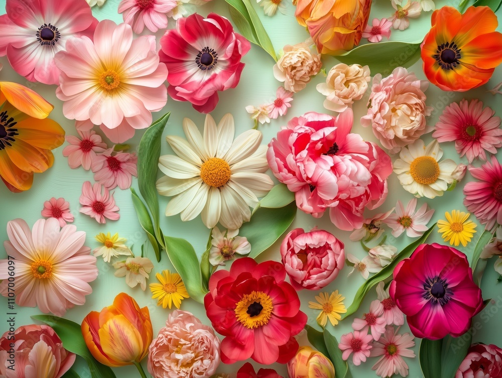 A vibrant floral arrangement of tulips, daisies, and peonies creates a joyful, cheerful atmosphere. A vibrant floral arrangement of tulips, daisies, and peonies creates a joyful, cheerful atmosphere.
