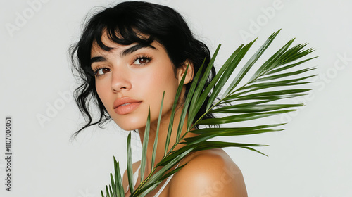 A young Hispanic woman holding a green palm leaf, with dark curly hair and a bright natural smile against a white background.