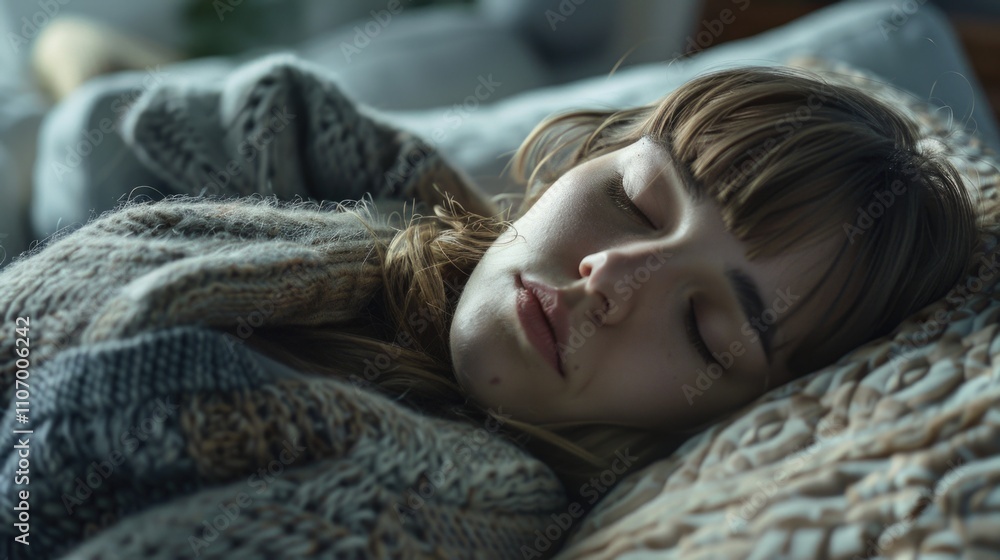 Woman is sleeping on a bed with a blanket. She is wearing a sweater and has her head resting on her hand Woman is sleeping on a bed with a blanket. She is wearing a sweater and has her head resting on her hand
