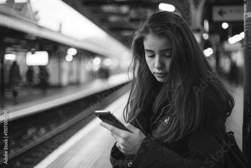 Woman is sitting on a train platform and looking at her phone. She is wearing a black jacket and has a backpack on her back. The scene is set in a train station