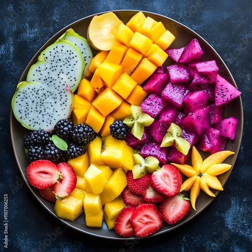 Exotic tropical fruit platter with dragon fruit, mangosteen, and starfruit, bright and vibrant.
 photo