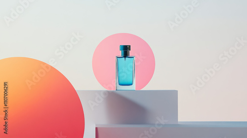 A striking blue perfume bottle on a geometric pedestal, accented with pink and orange circles, creating a chic, modern aesthetic.