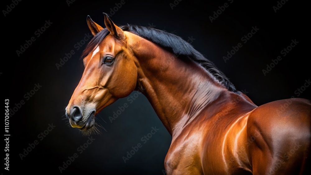 Fototapeta premium Majestic Bay Horse Portrait Captured in Stunning Detail Against a Black Background, Showcasing the Beauty and Grace of Equine Nature in Landscape Photography