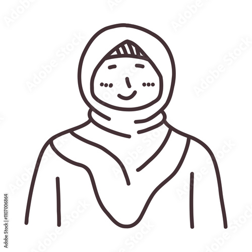 Smiling Woman in Hijab: A simple and elegant line drawing of a woman wearing a hijab, her smile radiating warmth and positivity.