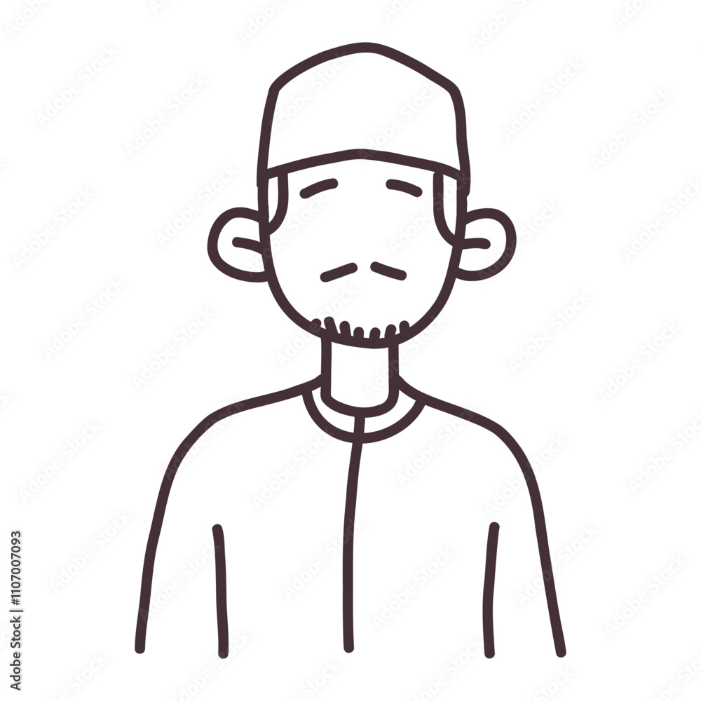 Hand-drawn Illustration of Muslim Man in Traditional Clothing: Simple and minimalist, this illustration depicts a Muslim man in traditional attire. The focus is on his face and facial features. Hand-drawn Illustration of Muslim Man in Traditional Clothing: Simple and minimalist, this illustration depicts a Muslim man in traditional attire. The focus is on his face and facial features.