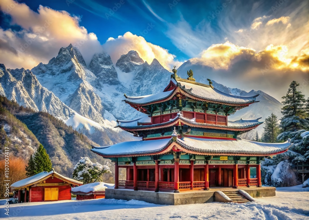 Fototapeta premium Majestic Chinese Temple Nestled Amongst Snowy Mountains with Serene Landscape and Copy Space for Text Addition