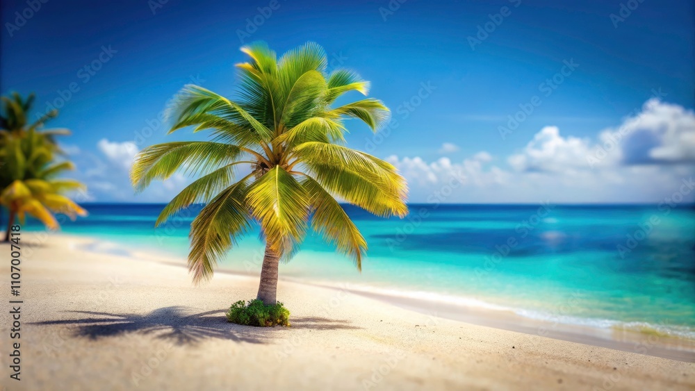 Paradise Island Palm Tree: Tilt-Shift Summer Vacation Beach Photo - Turquoise Sea, Sandy Shore Paradise Island Palm Tree: Tilt-Shift Summer Vacation Beach Photo - Turquoise Sea, Sandy Shore